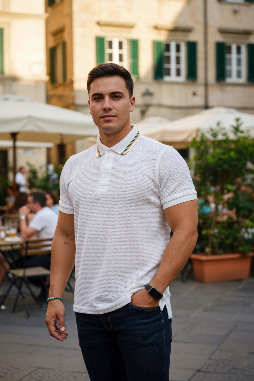 Playera cuello polo Agnor para caballero tejido Waffle Blanco Mod. HAg40