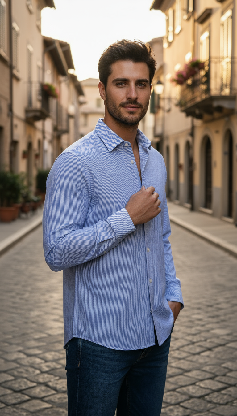 Camisa micro rayas manga larga Agnor para caballero Cielo algodón premium Mod. HAgCL25