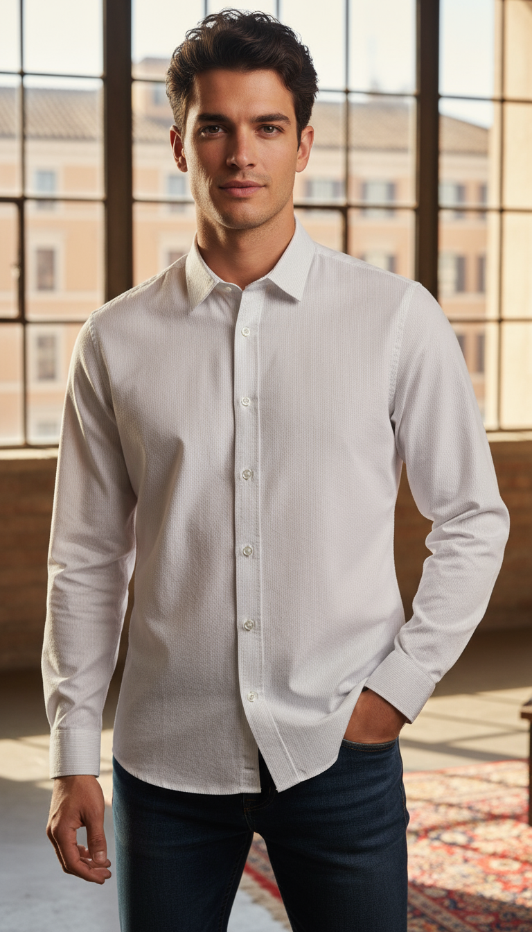 Camisa micro rayas manga larga Agnor para caballero Blanco algodón premium Mod. HAgCL25