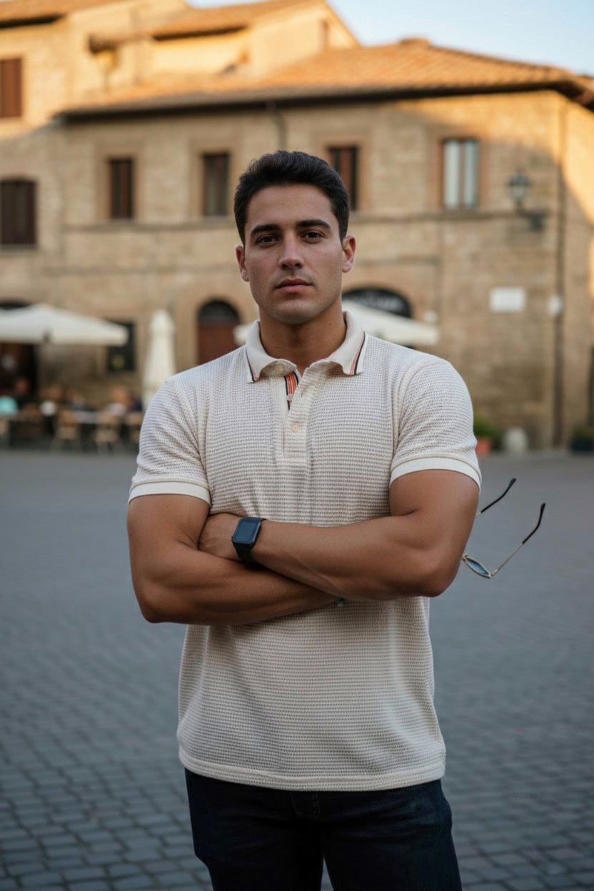 Playera cuello polo Agnor para caballero tejido Waffle Ivory Mod. HAg40