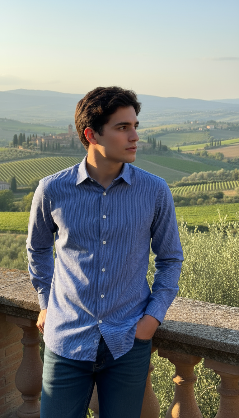 Camisa micro rayas manga larga Agnor para caballero Marino algodón premium Mod. HAgCL25