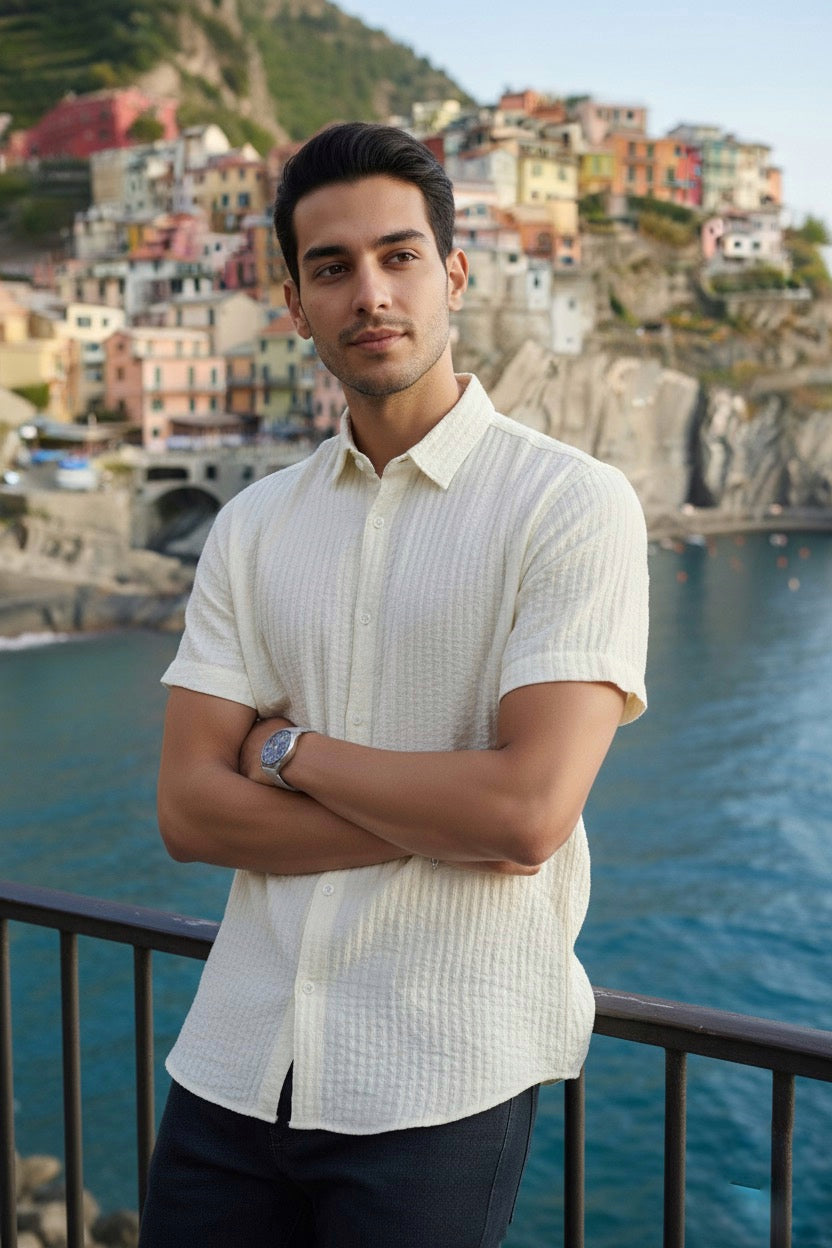 Camisa manga corta Agnor para caballero corrugada Hueso Mod. HAgCC15