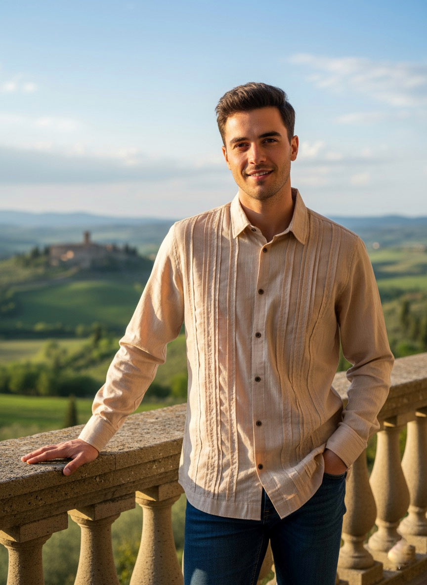 Camisa guayabera manga larga Agnor para caballero beige Mod. HAgCL22