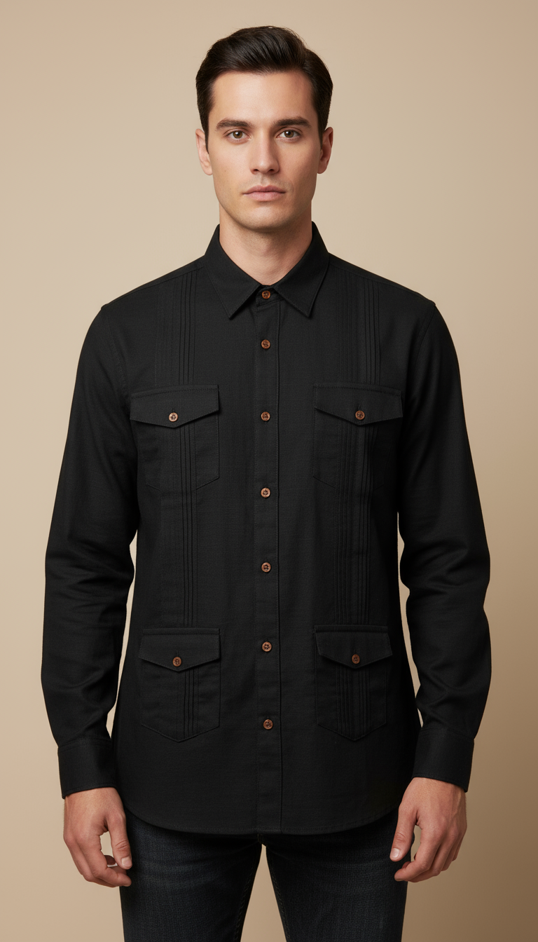 Camisa guayabera manga larga Agnor para caballero negro tipo lino premium Mod. HAgCL29