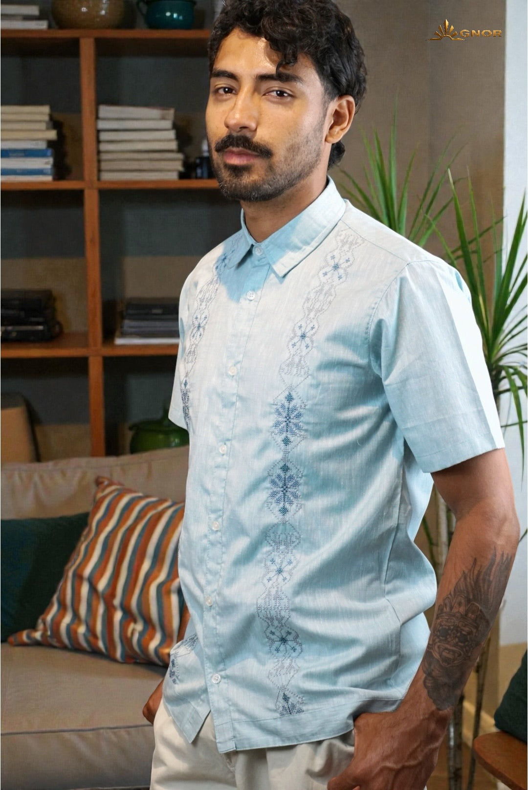 Camisa guayabera manga corta Agnor para caballero Cielo premium Mod. HAgCC21