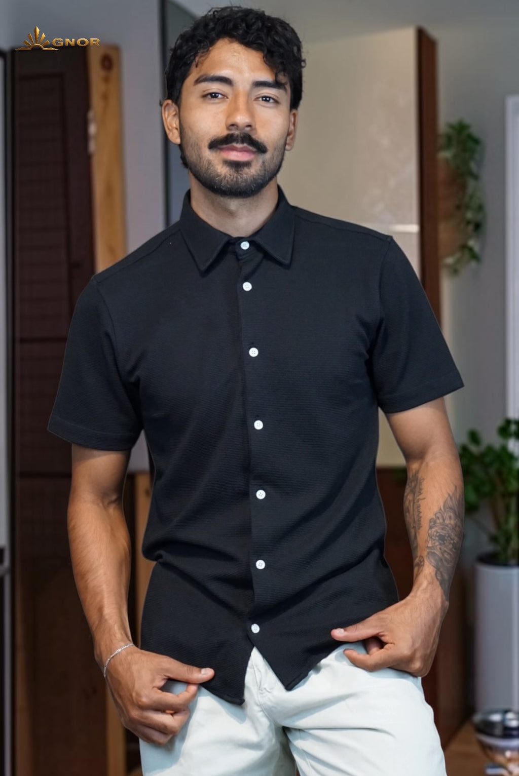 Playera cuello polo tipo camisa Agnor para caballero Negro premium Mod. HAg41