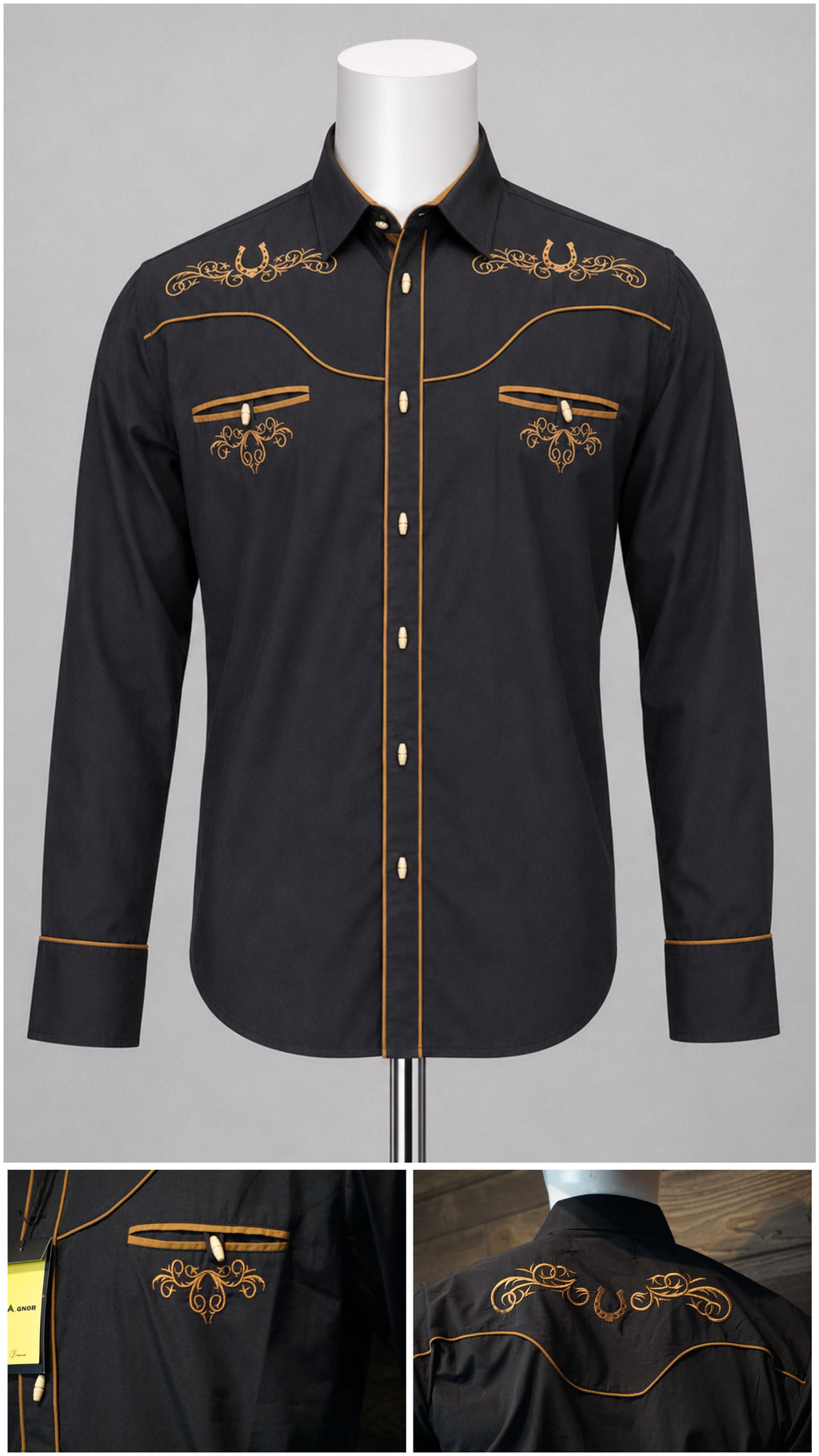 Camisa vaquera charra manga larga Agnor para caballero negro premium Mod. HAgCLVaq5