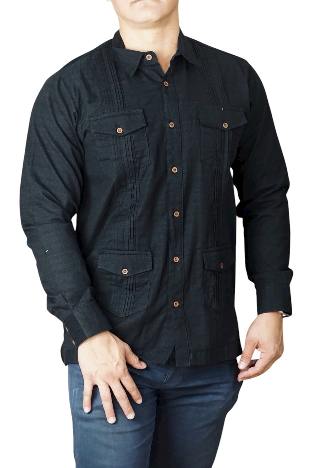 Camisa guayabera manga larga Agnor para caballero negro tipo lino premium Mod. HAgCL29