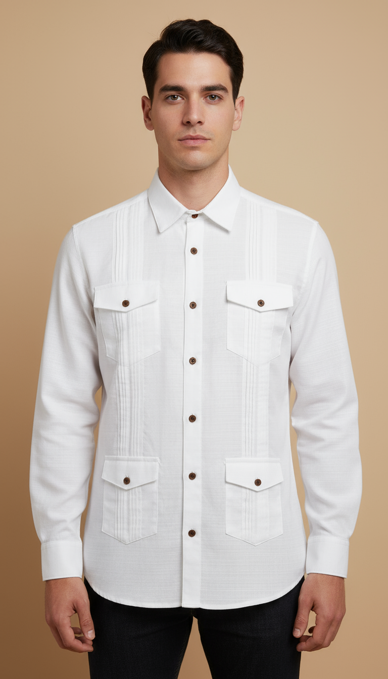 Camisa guayabera manga larga Agnor para caballero blanco tipo lino premium Mod. HAgCL29