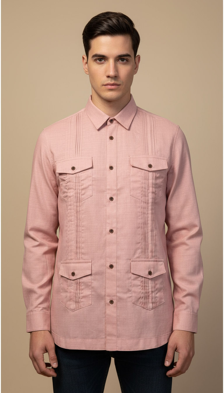 Camisa guayabera manga larga Agnor para caballero rosa tipo lino premium Mod. HAgCL29