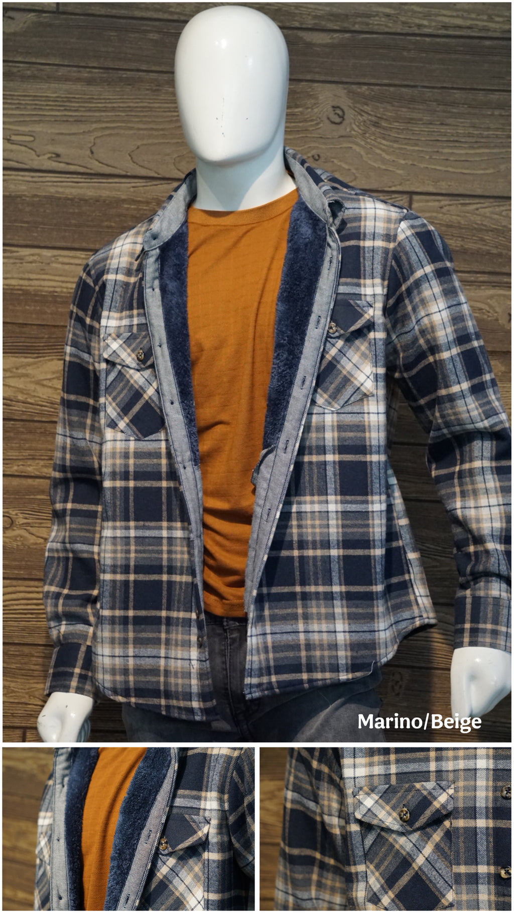 Camisola aborregada manga larga Agnor para caballero marino/beige franela premium Mod. HAgCL41
