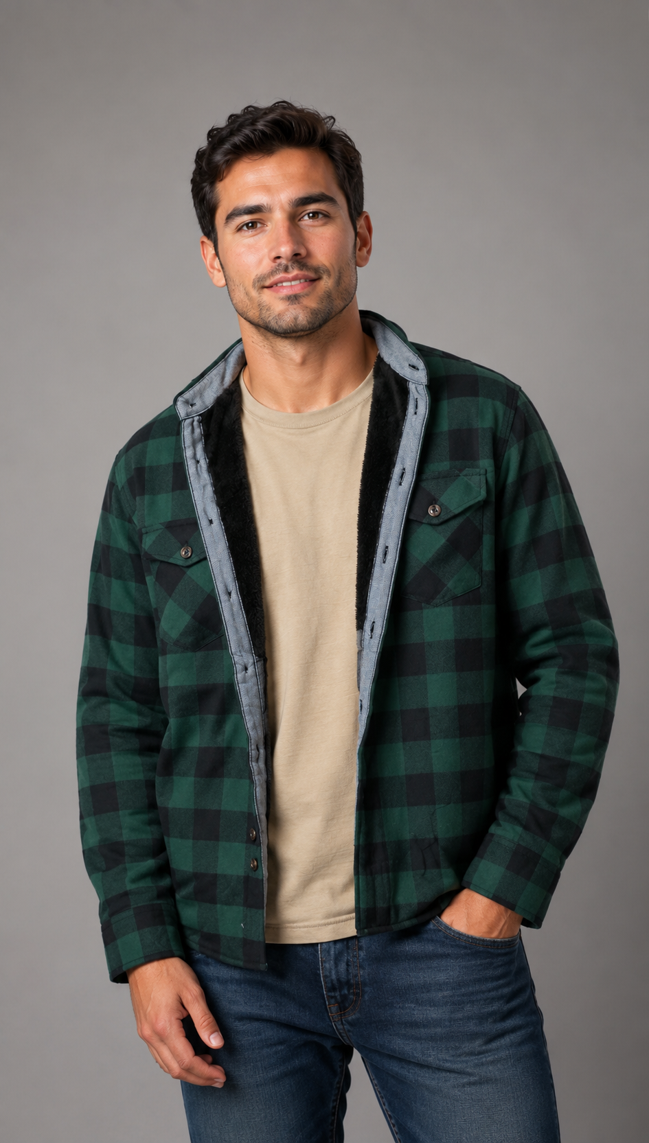 Camisola aborregada manga larga Agnor para caballero verde franela premium Mod. HAgCL42