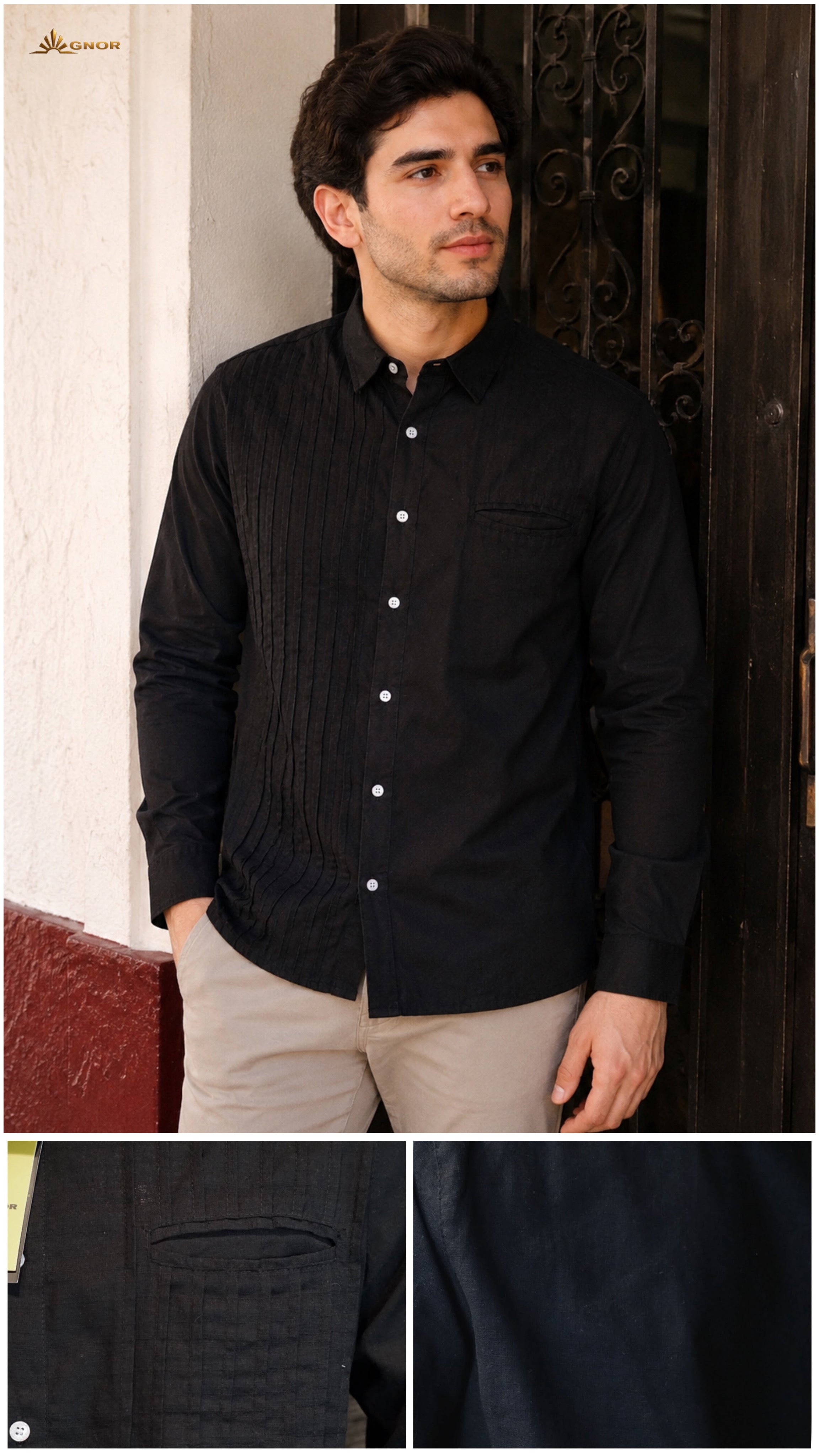 Camisa guayabera manga larga Agnor para caballero presidencial negro tipo lino premium Mod. HAgCL39