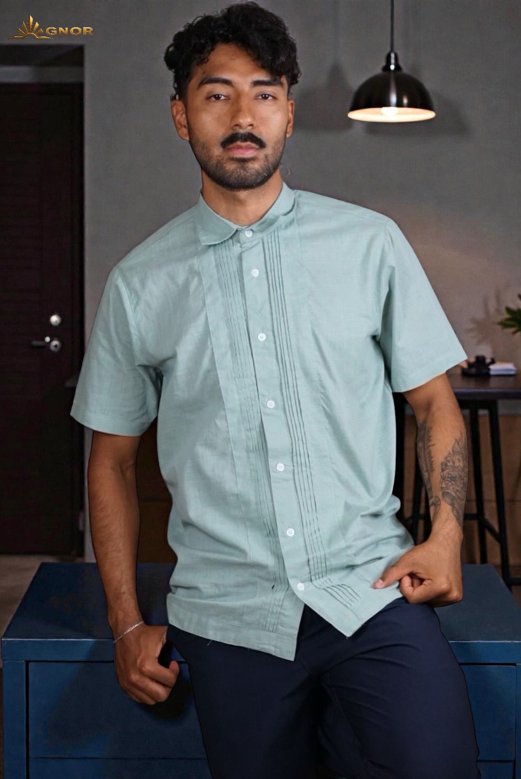 Camisa guayabera manga corta Agnor para caballero Verde premium Mod. HAgCC20