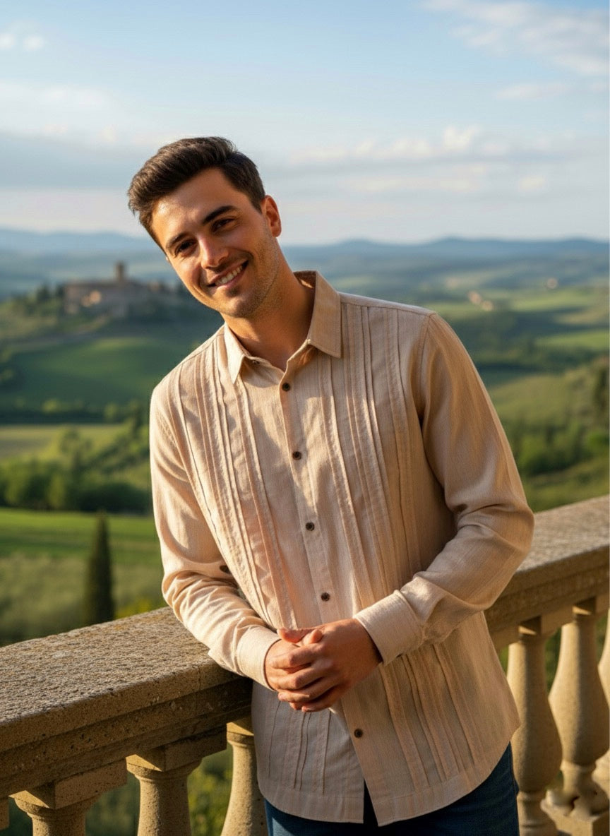 Camisa guayabera manga larga Agnor para caballero beige Mod. HAgCL22