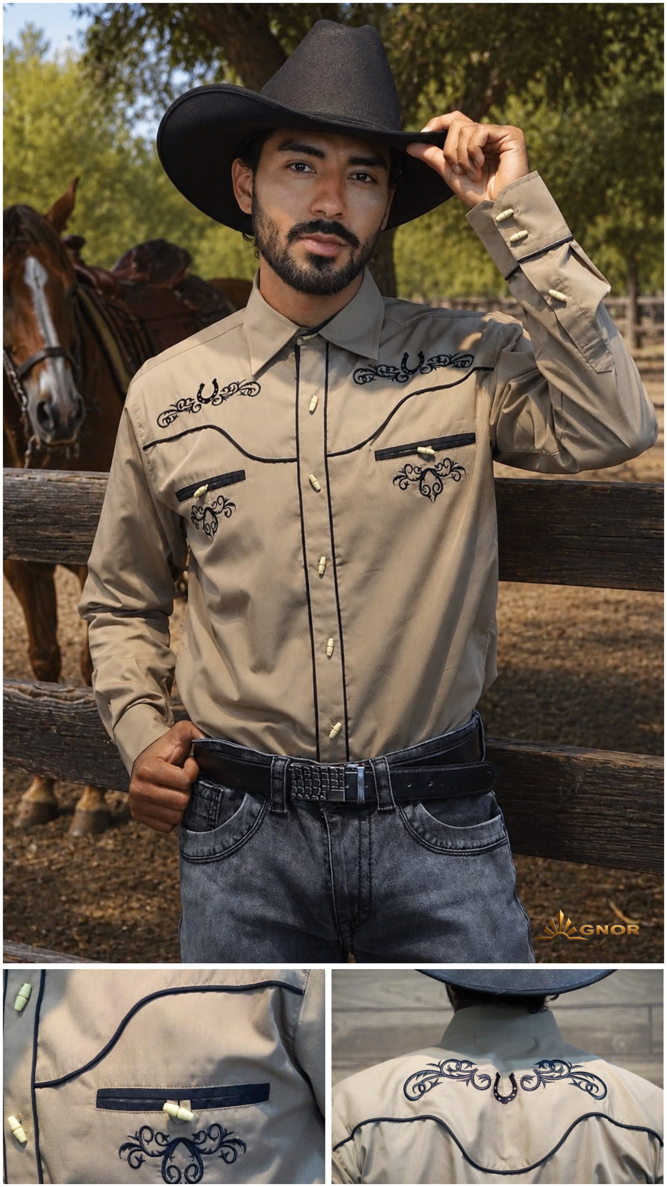 Camisa vaquera charra manga larga Agnor para caballero camel premium Mod. HAgCLVaq5