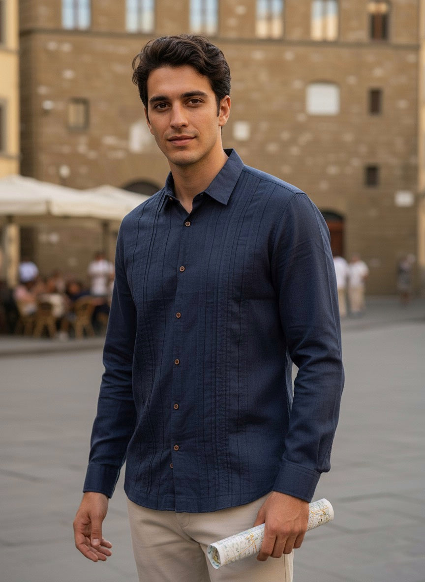 Camisa guayabera manga larga Agnor para caballero marino Mod. HAgCL22