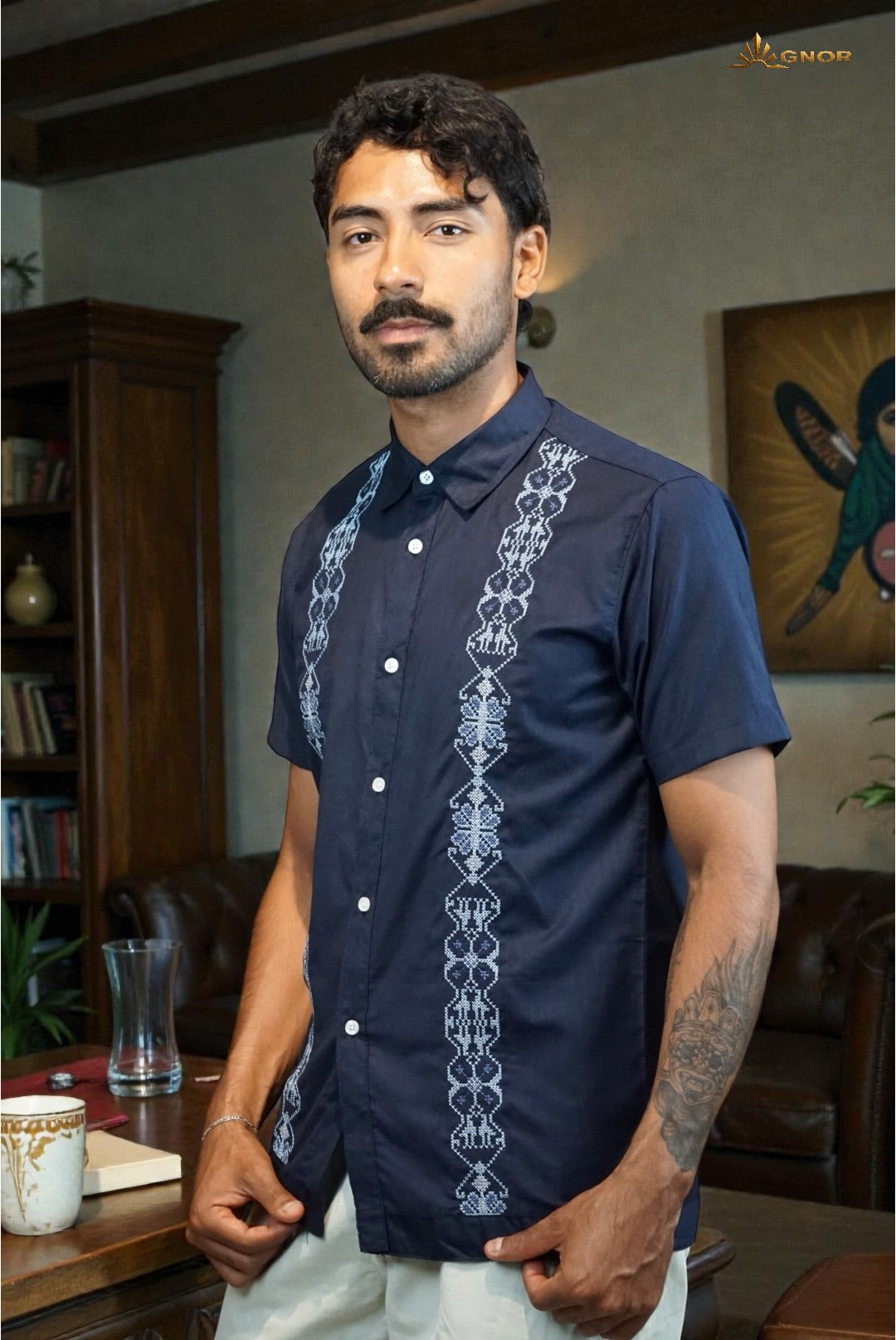 Camisa guayabera manga corta Agnor para caballero Marino premium Mod. HAgCC21