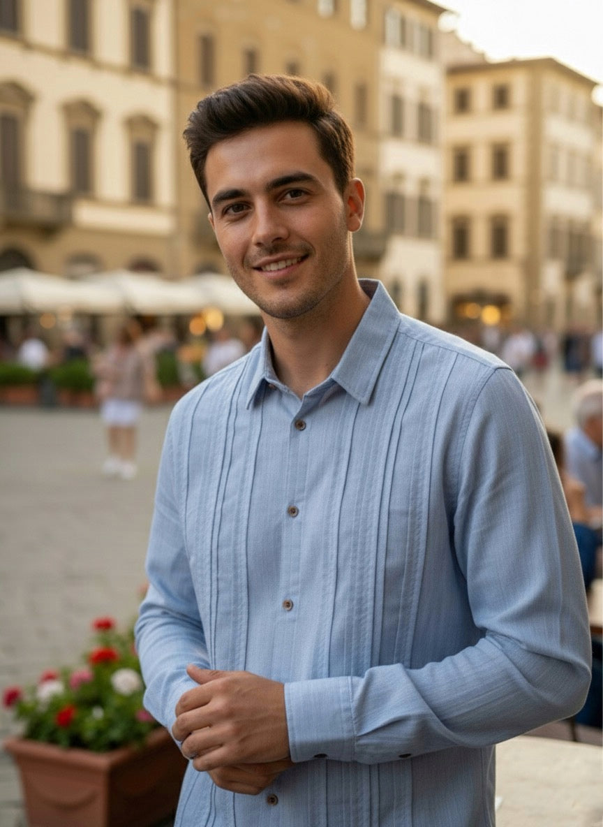 Camisa guayabera manga larga Agnor para caballero azul Mod. HAgCL22