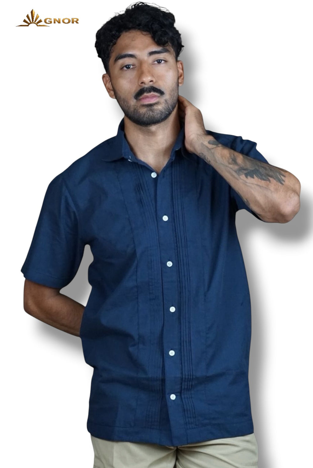 Camisa guayabera manga corta Agnor para caballero Marino premium Mod. HAgCC20