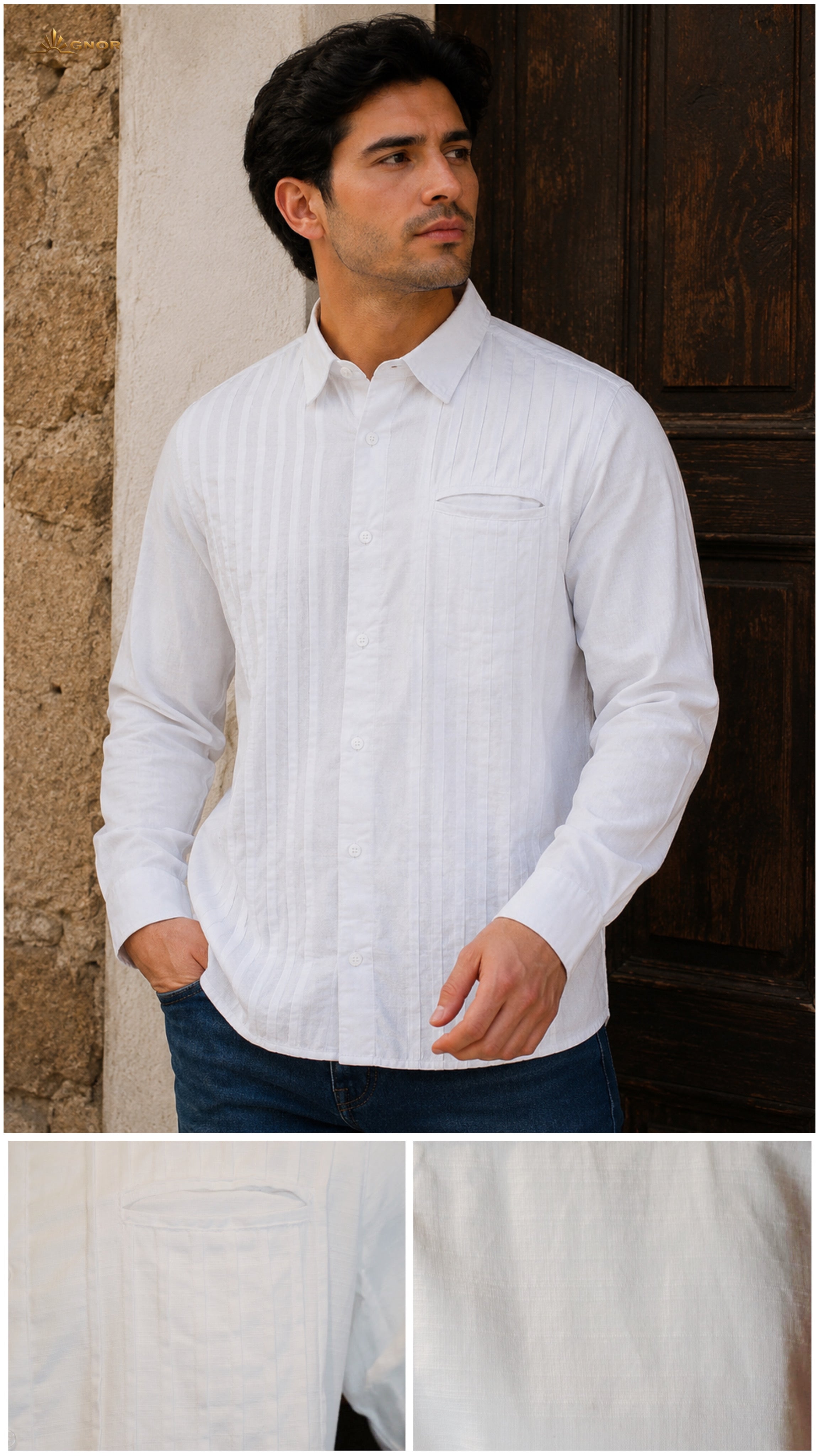 Camisa guayabera manga larga Agnor para caballero presidencial blanco tipo lino premium Mod. HAgCL39
