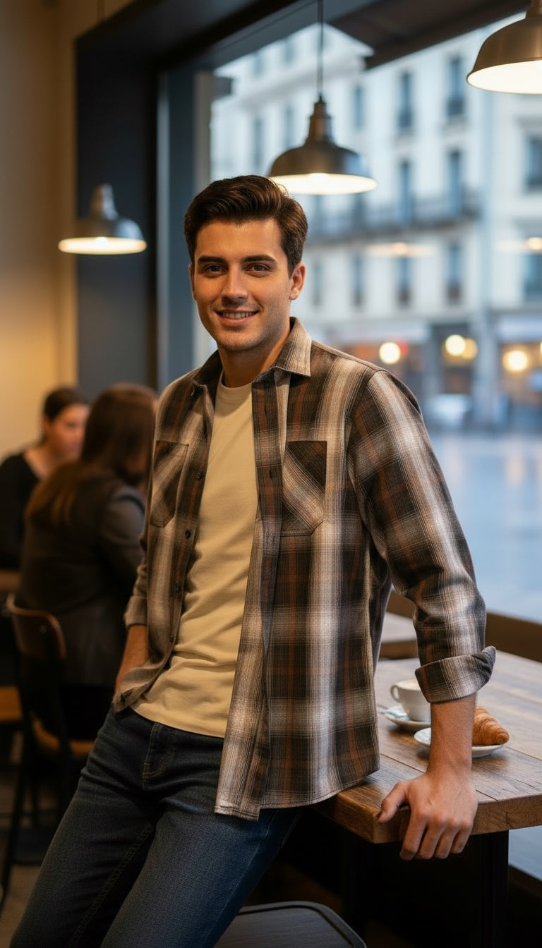 Camisa estilo leñador manga larga Agnor para caballero Café algodón premium Mod. HAgCL24