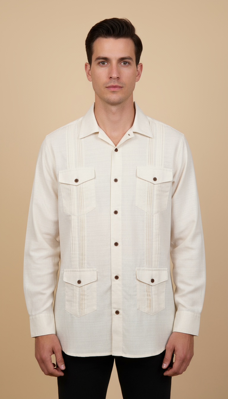 Camisa guayabera manga larga Agnor para caballero crema tipo lino premium Mod. HAgCL29