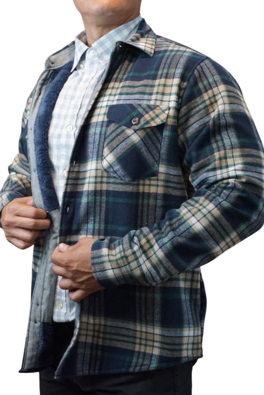 Camisola aborregada manga larga Agnor para caballero marino/verde franela premium Mod. HAgCL41