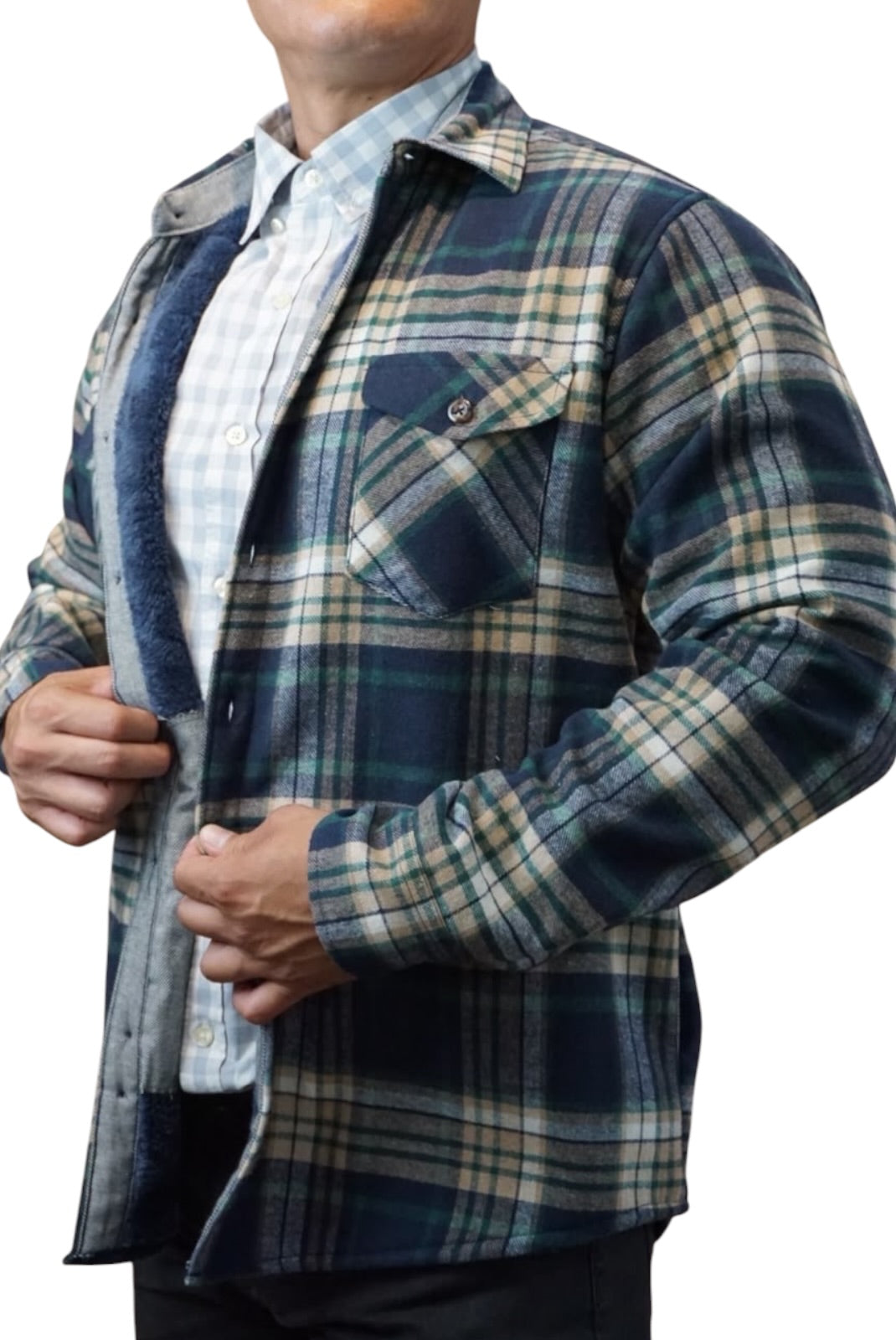 Camisola aborregada manga larga Agnor para caballero marino/verde franela premium Mod. HAgCL41
