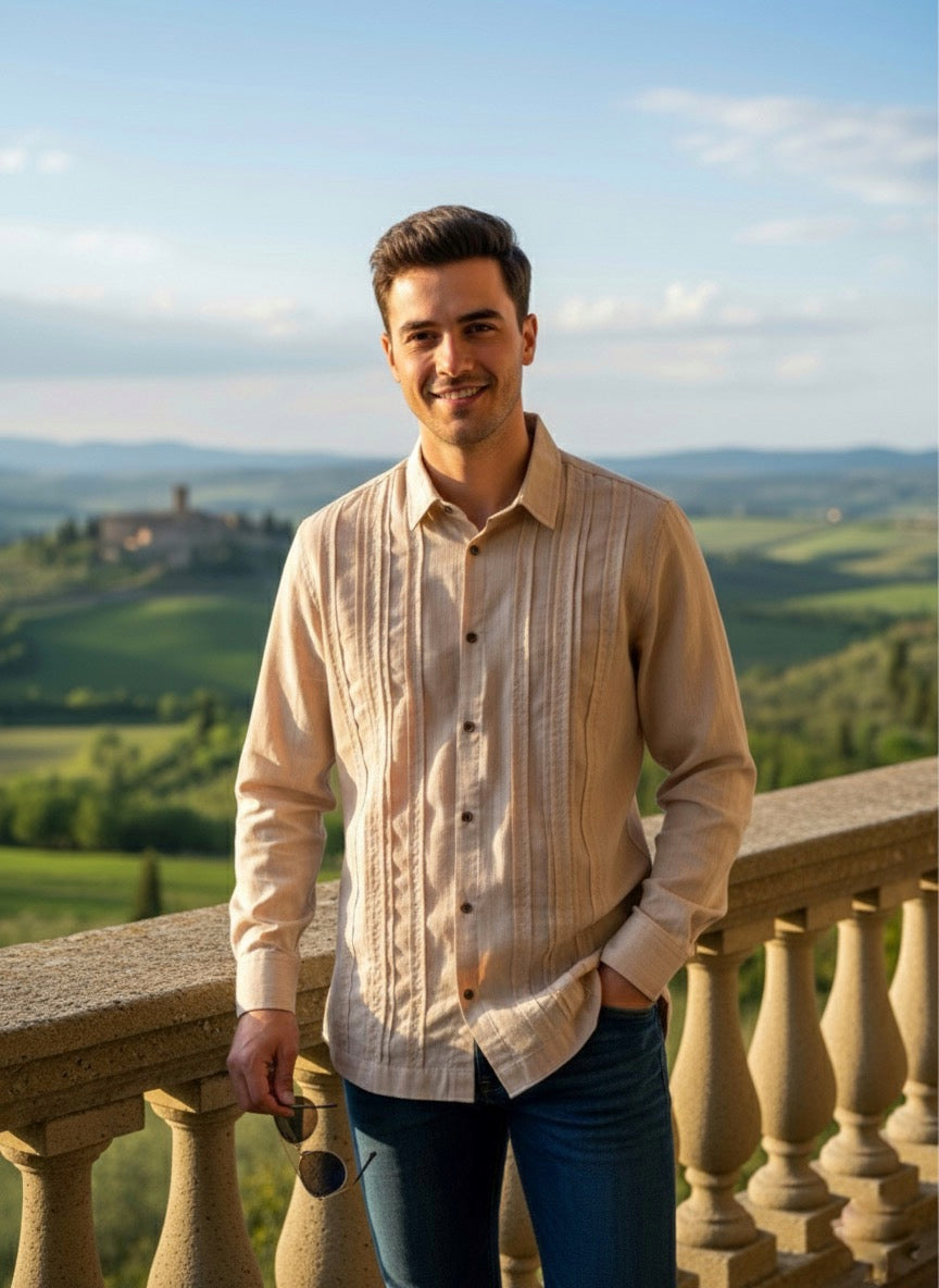 Camisa guayabera manga larga Agnor para caballero beige Mod. HAgCL22