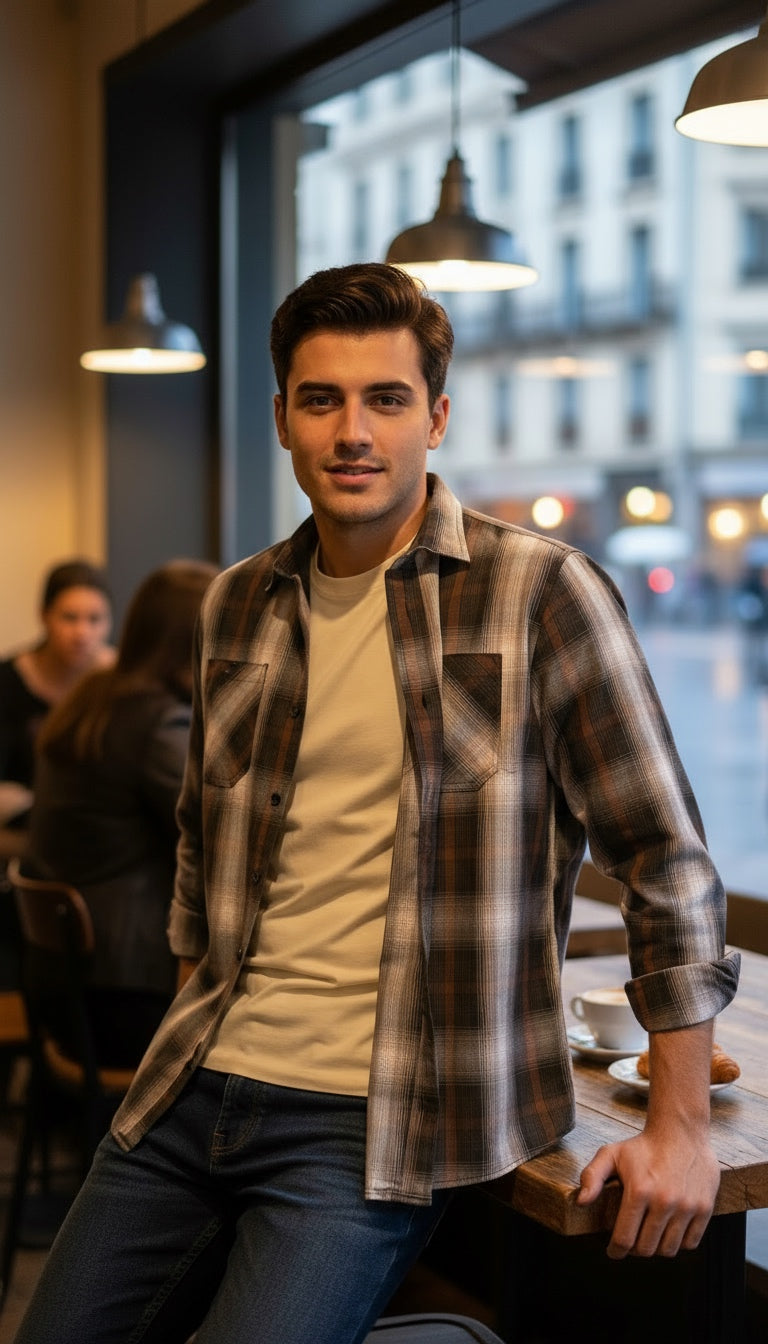 Camisa estilo leñador manga larga Agnor para caballero Café algodón premium Mod. HAgCL24