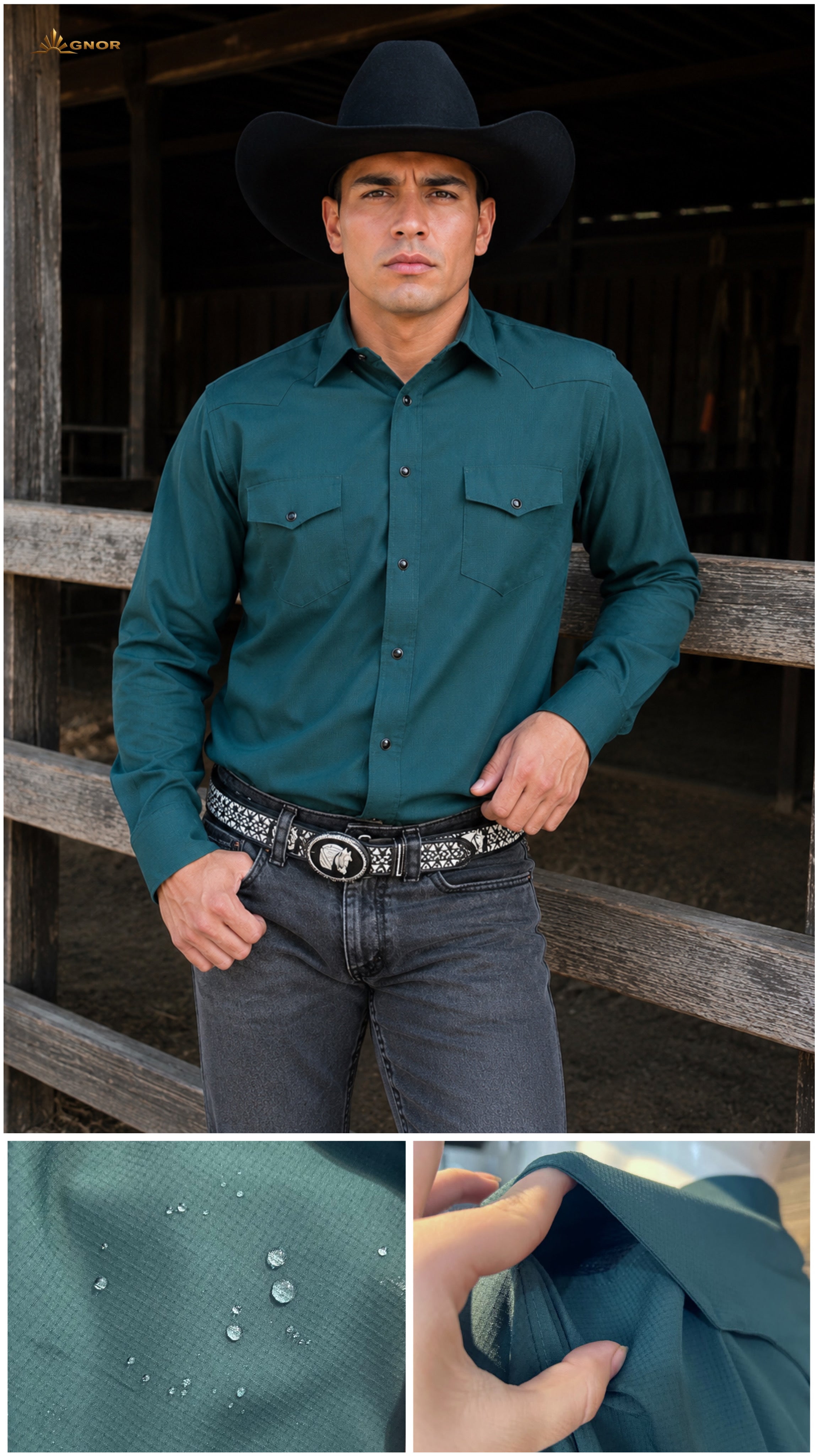 Camisa vaquera manga larga Agnor para caballero repelente verde botella premium Mod. HAgCL40