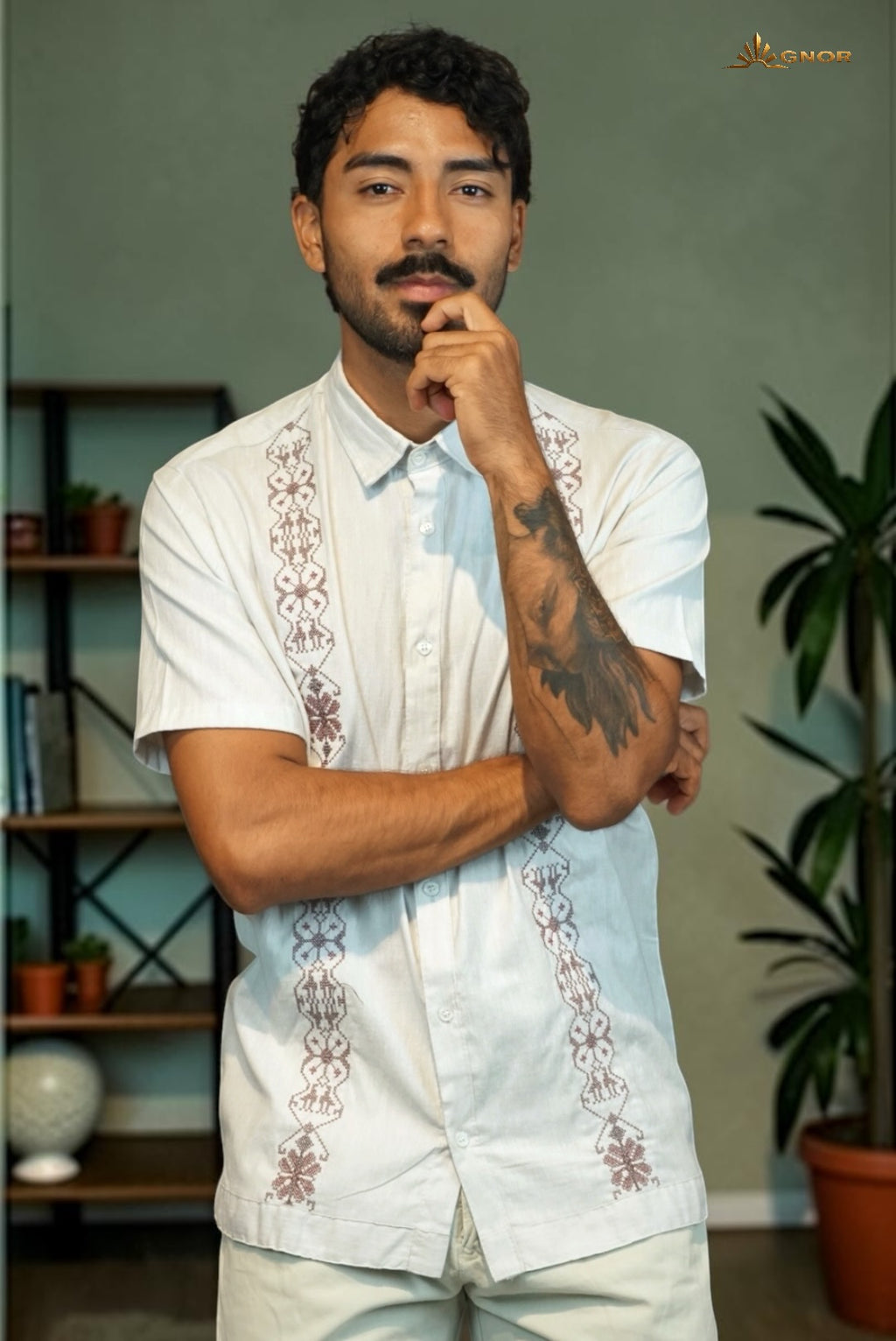 Camisa guayabera manga corta Agnor para caballero Beige premium Mod. HAgCC21