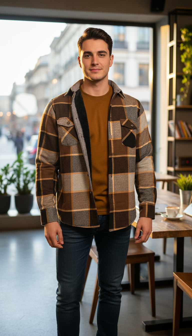 Camisola aborregada manga larga Agnor para caballero Café franela premium Mod. HAgCL26