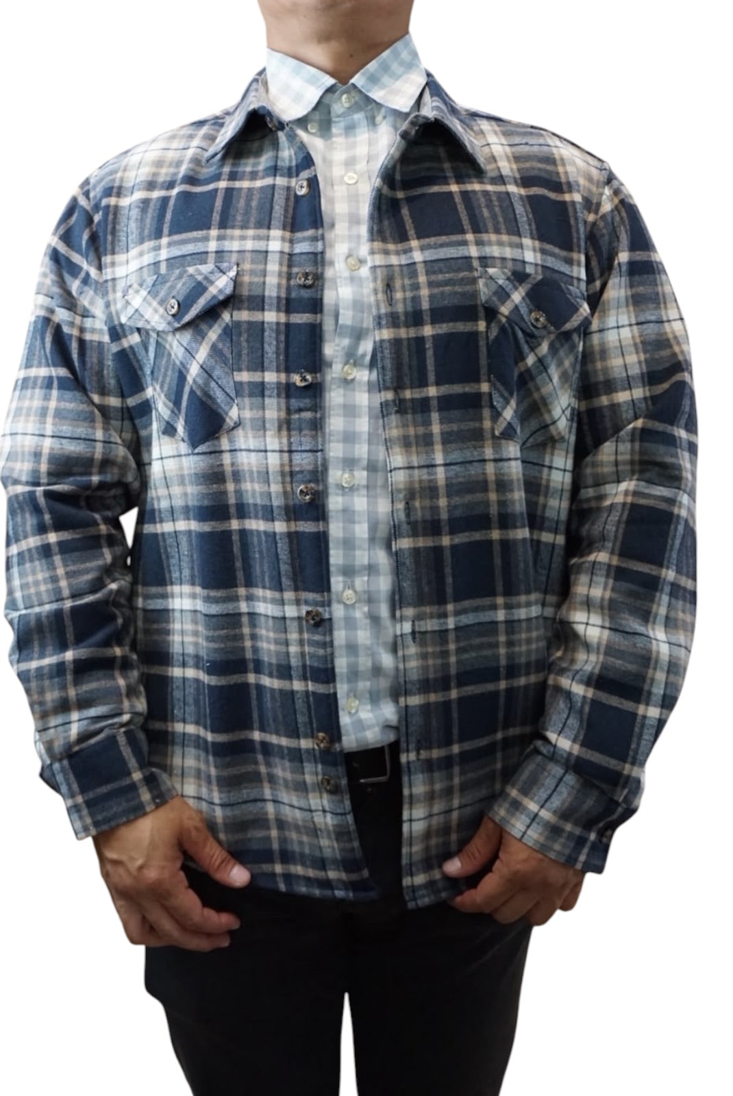 Camisola aborregada manga larga Agnor para caballero marino/beige franela premium Mod. HAgCL41
