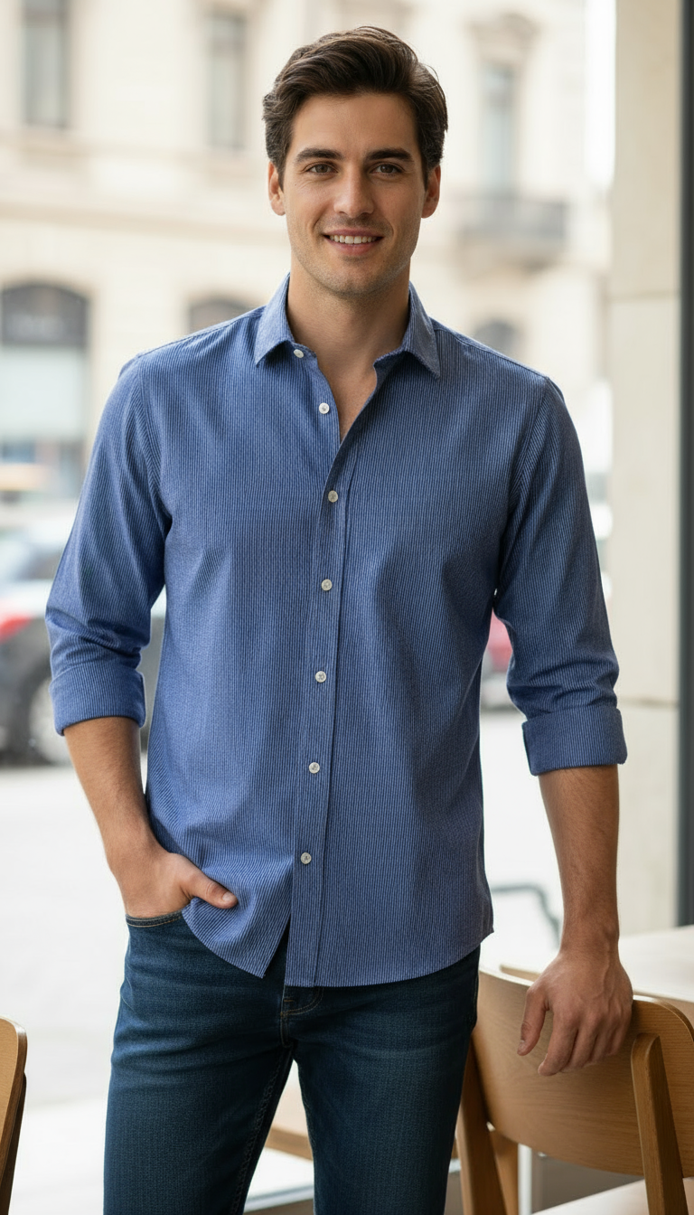 Camisa micro rayas manga larga Agnor para caballero Marino algodón premium Mod. HAgCL25