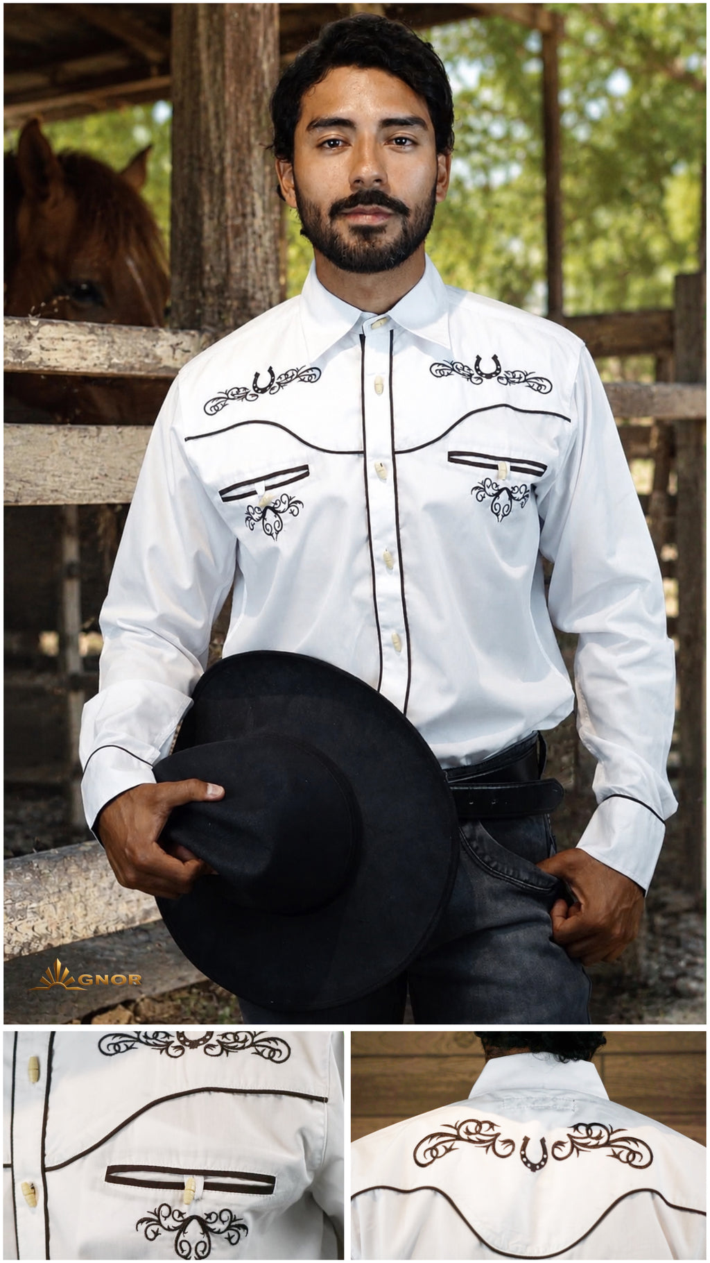Camisa vaquera charra manga larga Agnor para caballero blanco premium Mod. HAgCLVaq5
