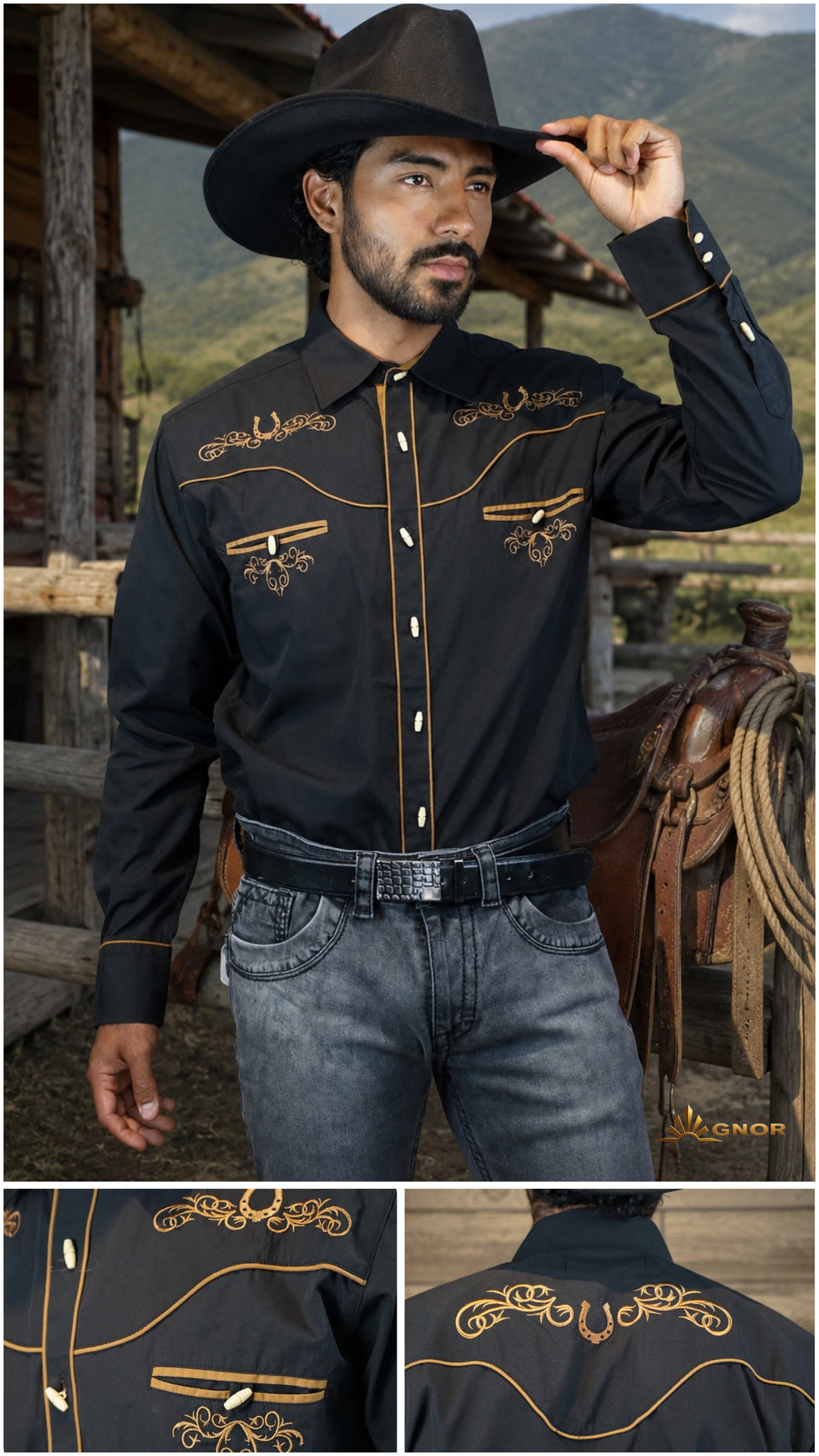 Camisa vaquera charra manga larga Agnor para caballero negro premium Mod. HAgCLVaq5