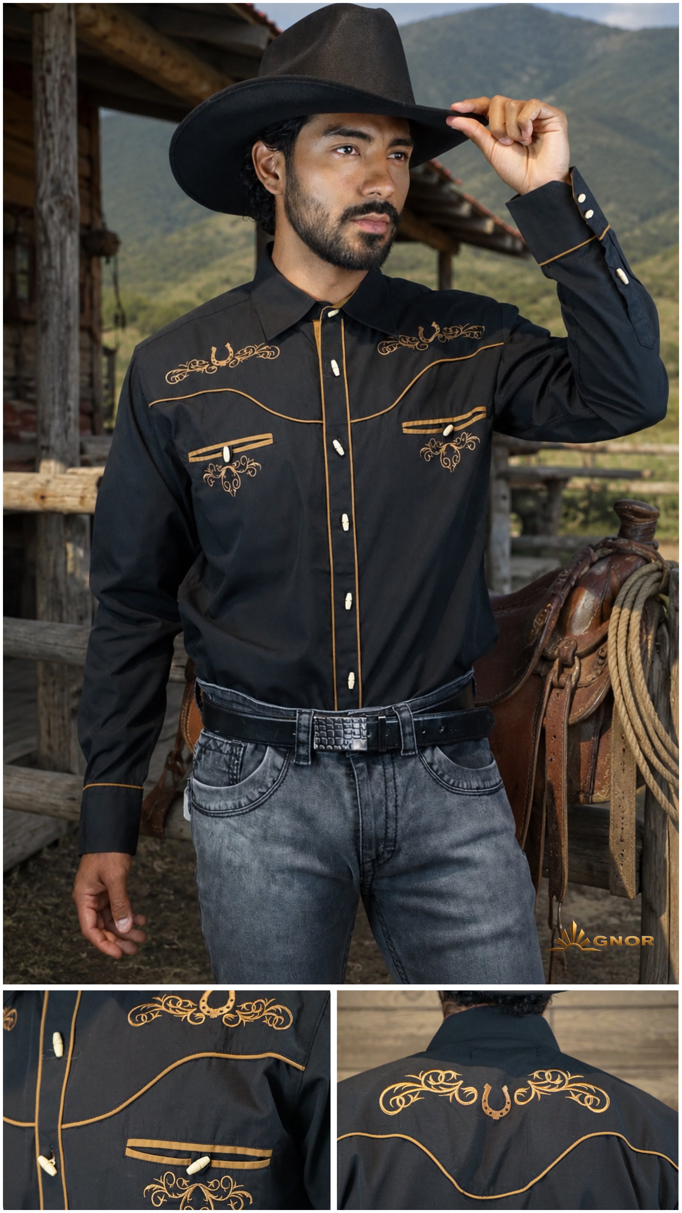 Camisa vaquera charra manga larga Agnor para caballero negro premium Mod. HAgCLVaq5