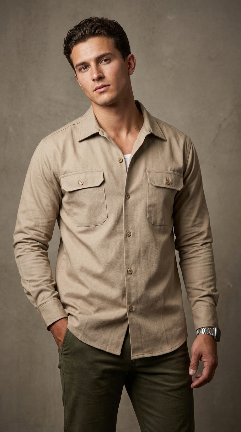 Camisa de gabardina manga larga Agnor para caballero beige premium Mod. HAgCL31