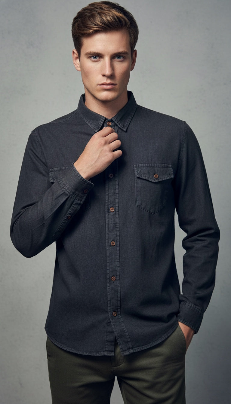 Camisa mezclilla manga larga Agnor para caballero tejido premium negro Mod. HAgCL33