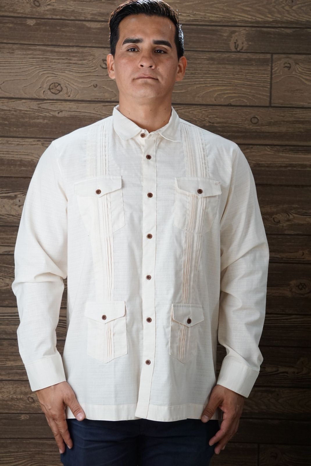 Camisa guayabera manga larga Agnor para caballero crema tipo lino premium Mod. HAgCL29