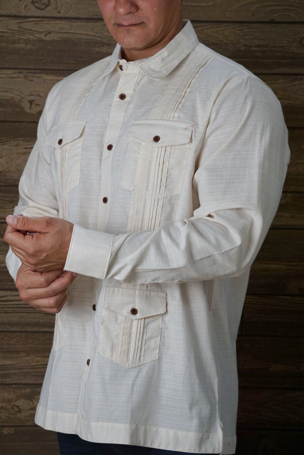 Camisa guayabera manga larga Agnor para caballero crema tipo lino premium Mod. HAgCL29