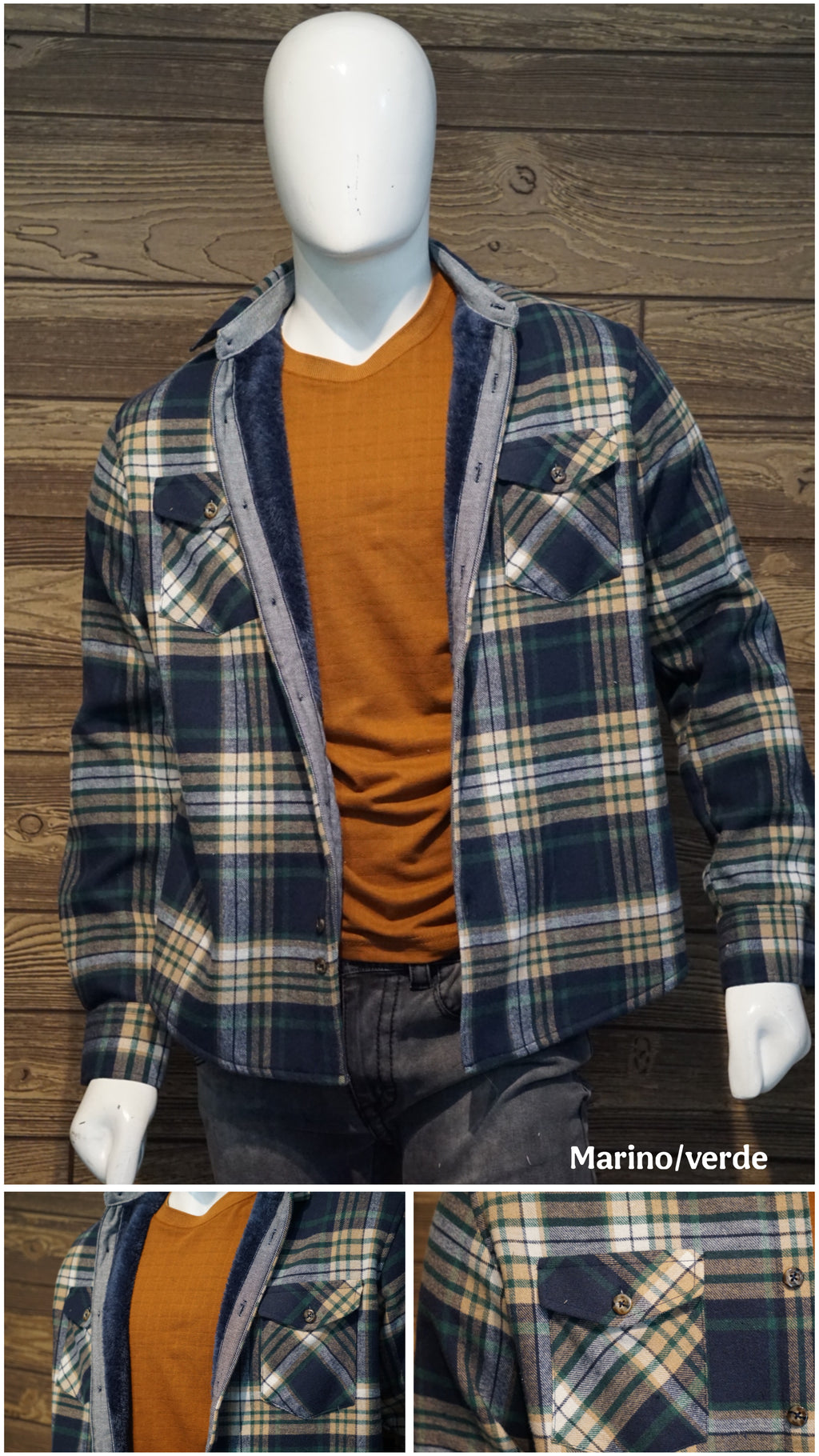 Camisola aborregada manga larga Agnor para caballero marino/verde franela premium Mod. HAgCL41