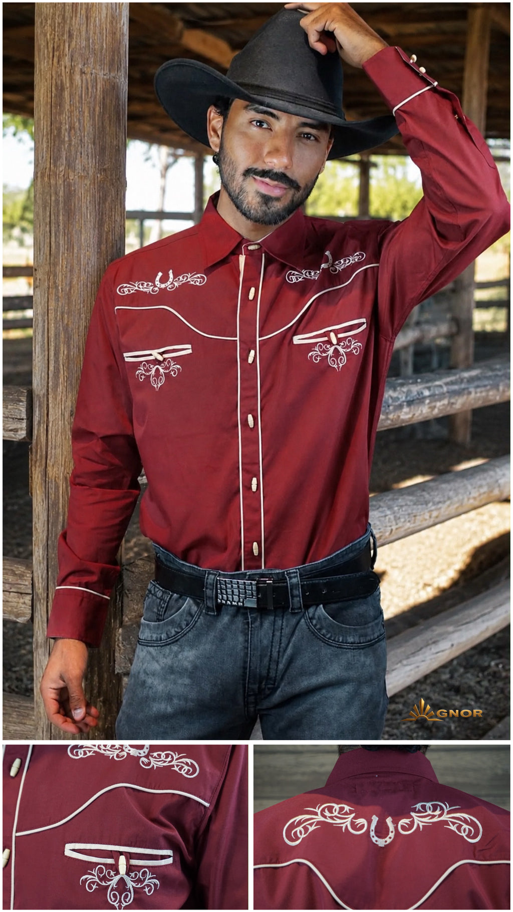 Camisa vaquera charra manga larga Agnor para caballero vino premium Mod. HAgCLVaq5