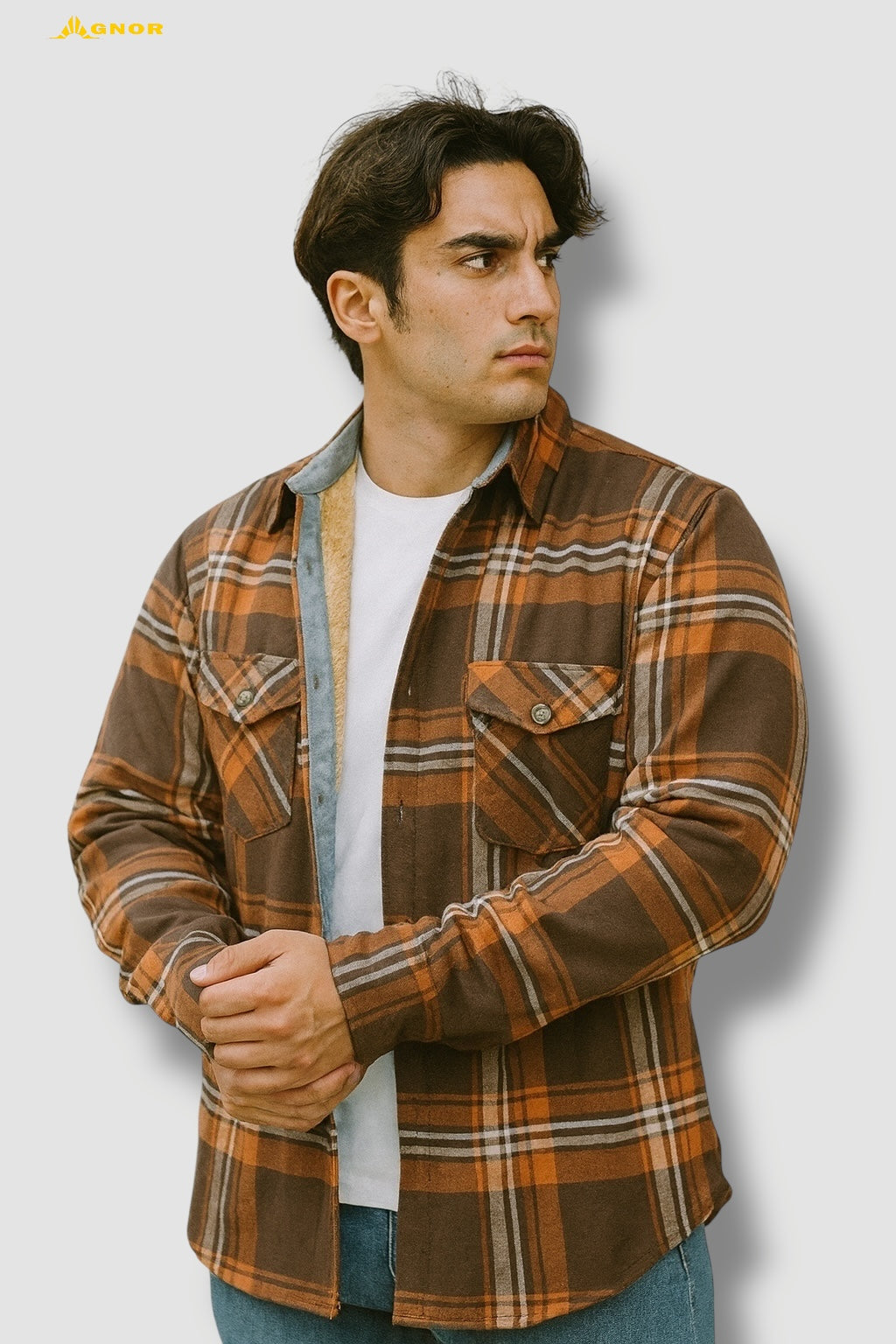 Camisola aborregada manga larga Agnor para caballero Ocre franela premium Mod. HAgCL21