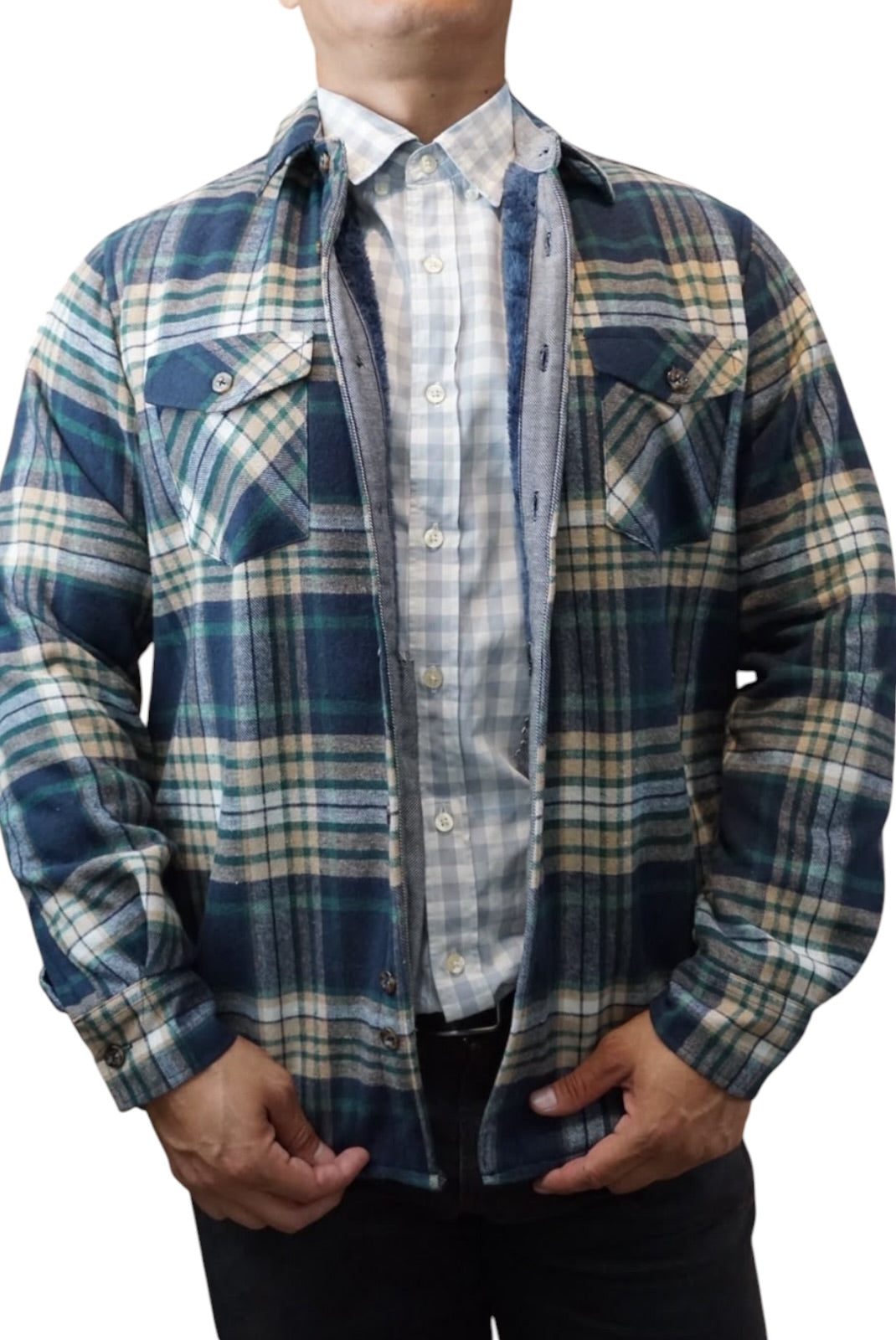 Camisola aborregada manga larga Agnor para caballero marino/verde franela premium Mod. HAgCL41