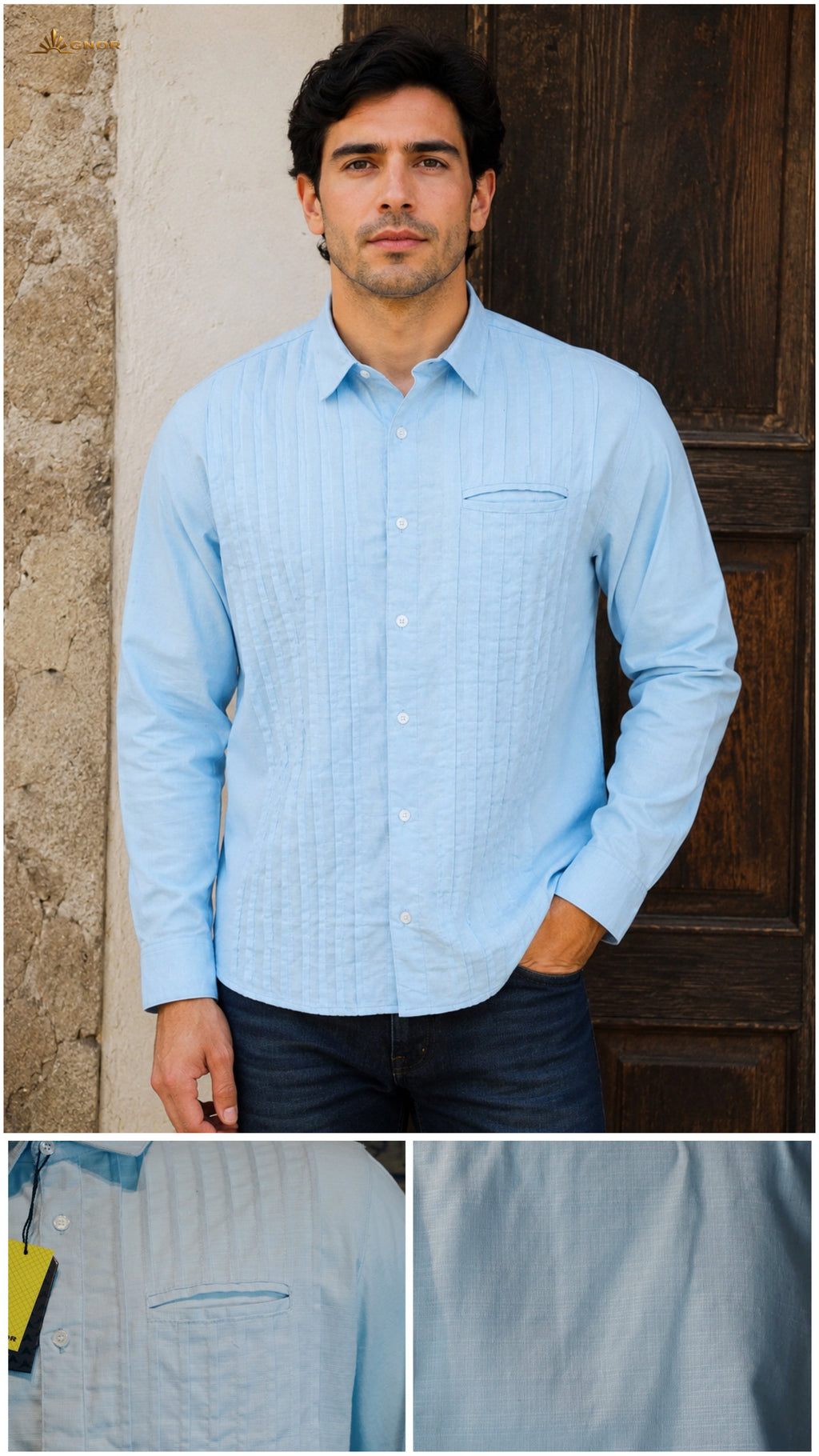 Camisa guayabera manga larga Agnor para caballero presidencial aqua tipo lino premium Mod. HAgCL39
