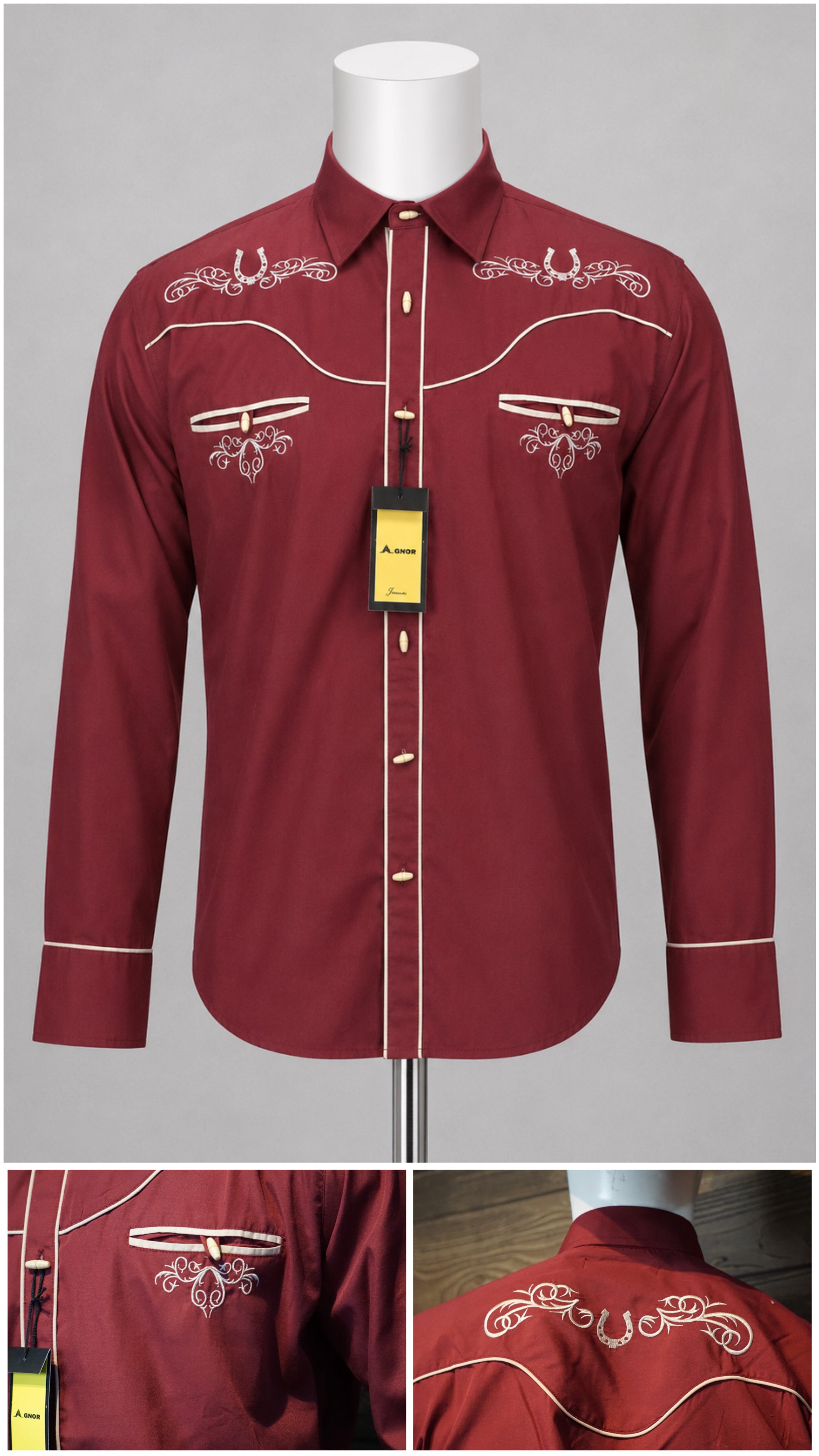 Camisa vaquera charra manga larga Agnor para caballero vino premium Mod. HAgCLVaq5