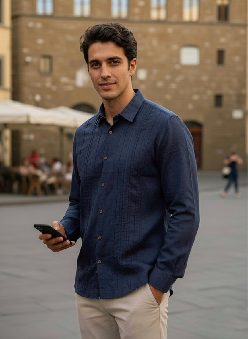 Camisa guayabera manga larga Agnor para caballero marino Mod. HAgCL22